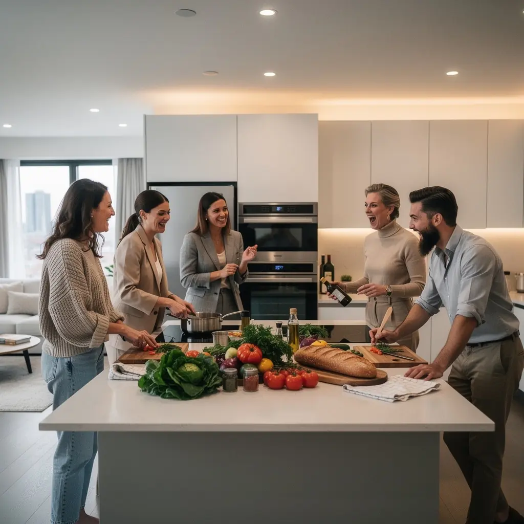 Gemütliches Wohnzimmer mit smarten Technologien und stilvollem Mobiliar, ideal für modernes Wohnen.