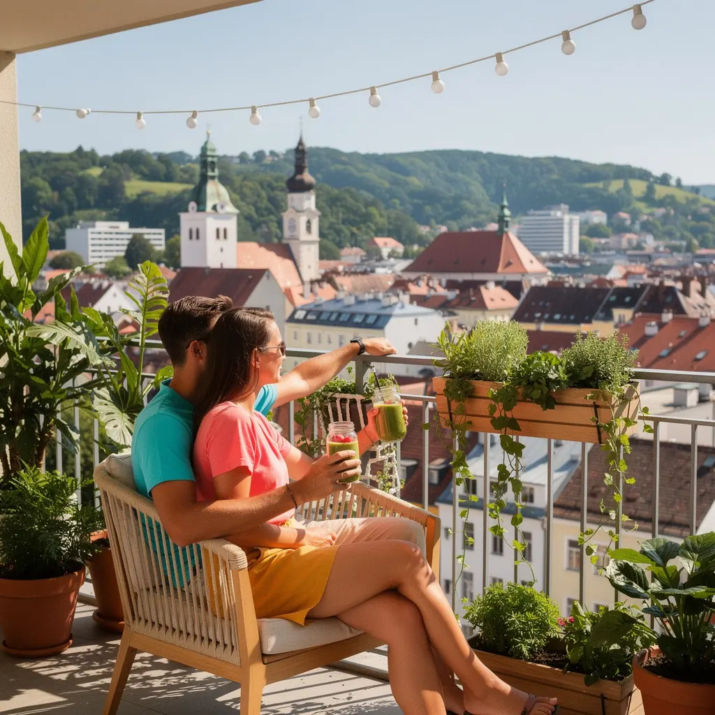 Moderne Wohnung in Graz mit nachhaltiger Architektur und großen Fenstern für viel Tageslicht.