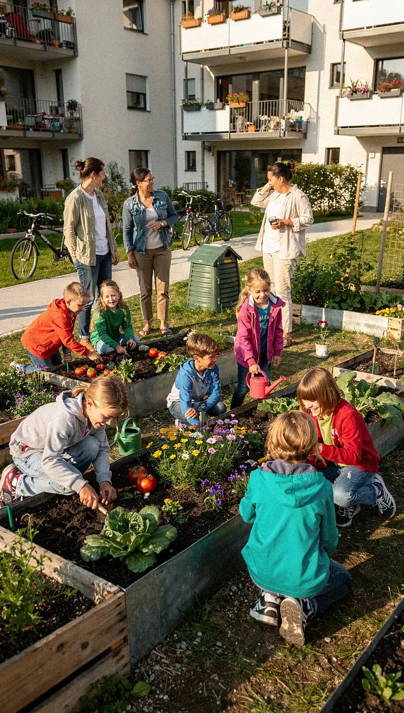 Futuristische Fassade eines Mehrfamilienhauses mit begrГјnten Balkonen und Solarpanels.